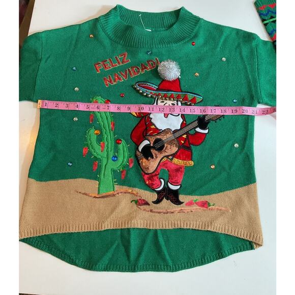 Feliz Navidad! Santa Small Guitar Sequins Bells Christmas Sweater - Picture 4 of 7